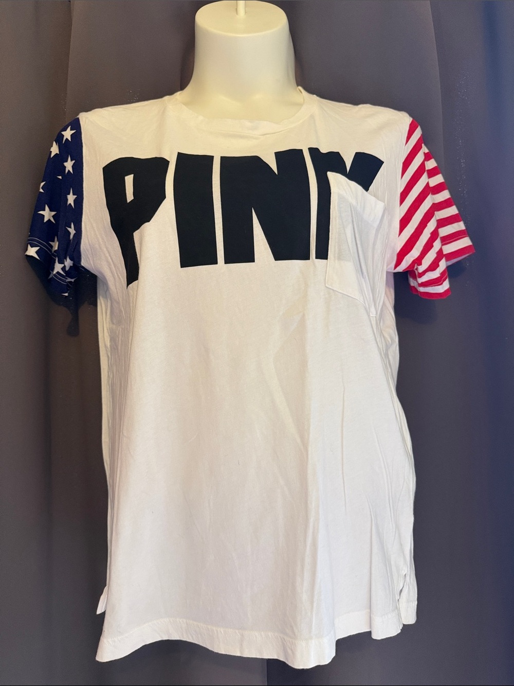 PINK Victoria's Secret White Tee with American Flag Sleeves